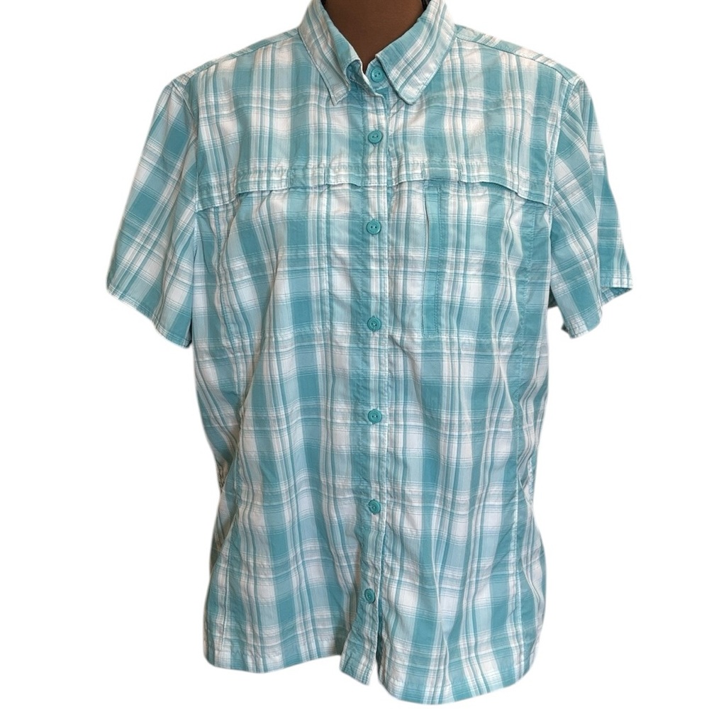 LL Bean Blue Plaid Stretch Hiking Button Up Short Sleeve Shirt Size XL